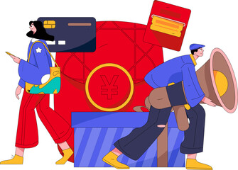 Holiday shopping people doing e-commerce online shopping flat vector concept operation hand drawn illustration
