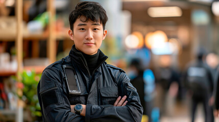 Fototapeta premium Security guard with crossed arms in uniform, indoor shopping center in the background. Concept of security and guardianship. Generative AI