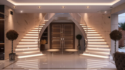 Elegant home entrance with double doors, floating staircase design