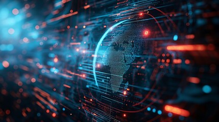 Digital representation of Earth with network connections, light effect blue and red, dark background. Concept of global internet communication.  Generative AI