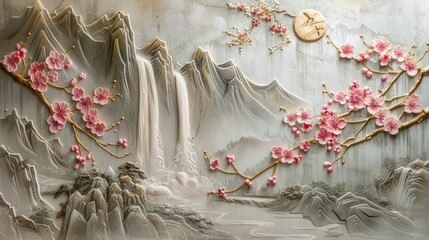 Three-dimensional stucco pattern on a concrete wall incorporating golden accents, portraying a Japanese scene with a waterfall, mountains, and cherry blossoms
