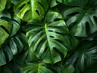 close-up of green leaves, possibly from a banana plant, exhibiting a lush, tropical growth pattern.
