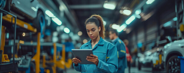 Computer diagnostics of a car. A mechanic uses a tablet to record engine checks. Engine repair service. factory transport automobile