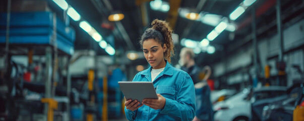 Computer diagnostics of a car. A mechanic uses a tablet to record engine checks. Engine repair service. factory transport automobile