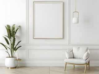 Living room with chair and blank frame mockup on the wall
