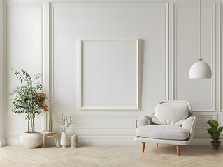 Fototapeta premium Living room with chair and blank frame mockup on the wall
