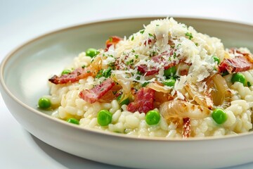 Bacon and Onion Risotto with Crispy Bacon and Tender Green Peas
