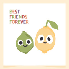 Print with cute fruits and lettering best friends forever on a white background. Vector illustration for printing. Lemon and lime friendship.  Cute children's greeting card.