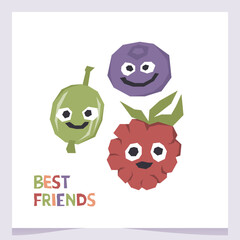Set with cute berries and lettering best friends on a white background. Vector illustration for printing. Gooseberry, raspberry and blueberry friendship.  Cute children's greeting card.