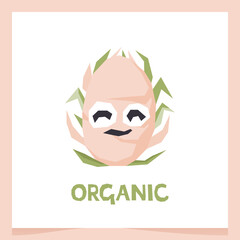 Set with cute dragon fruit and lettering organic on a white background. Vector illustration for printing. Cute children's greeting card.