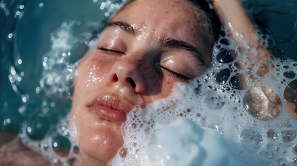 Fototapeta premium Beautiful woman in bathroom. Female in bath with foam