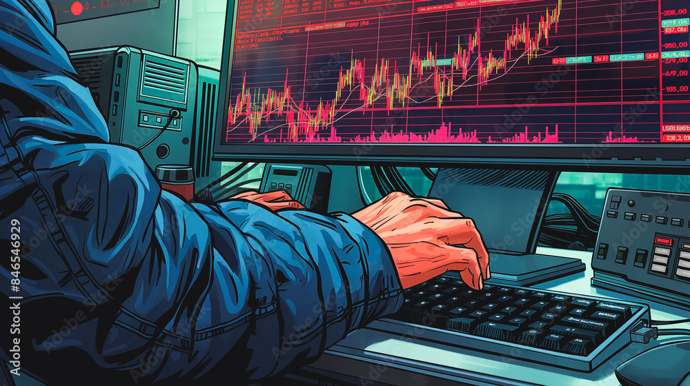 Poster a man is typing on a computer keyboard with a displaying stock market graphs