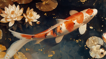 Abstract concept KOI leading swirling Japanese waves vibrant colors and dynamic flow