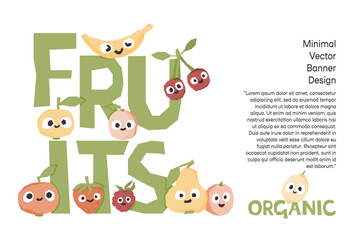 Cute fruit and berries characters banner for farmers market. Vector illustration with copyspace. Ecological agriculture production fair invitation, card, background