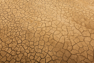 Wide view of cracked, dry earth showcasing the effects of drought in a desert area, emphasizing climate change and environmental degradation concepts.