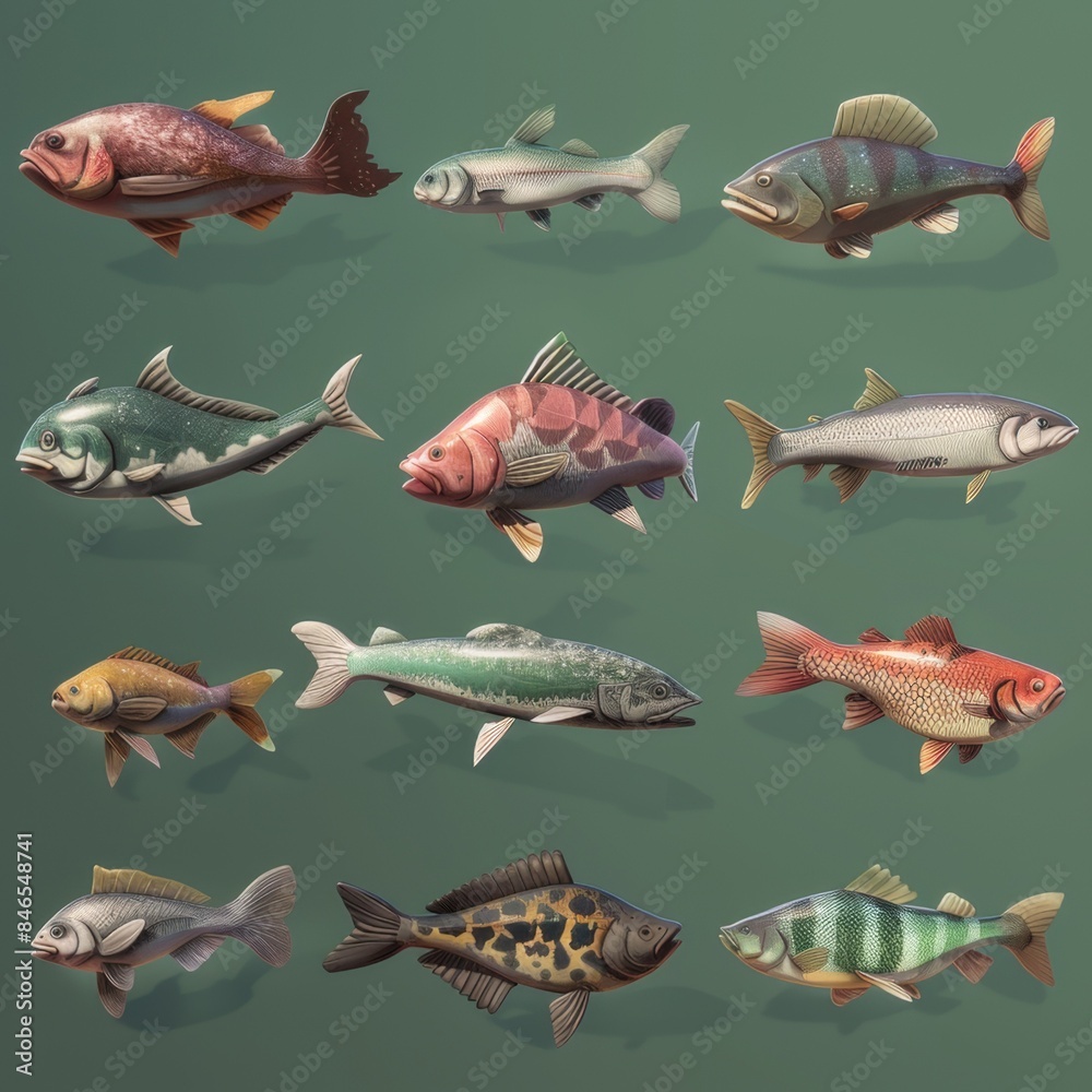 Wall mural Set of different eyes on a green background. Fisherman. The colorful assortment of different species of fish swimming in the clear pond conveys a sense of underwater beauty, diversity and tranquility. - Wall murals
