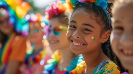 A cheerful family with kids wearing rainbow attire waving pride flags and enjoying the lively atmosphere of an LGBTQ parade, blurred colorful background