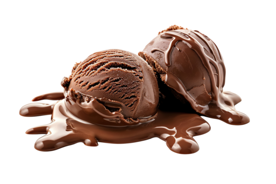 Melting chocolate ice cream scoop on white background, delectable dessert treat, perfect for food photography and culinary presentations.