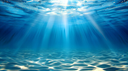 Obraz premium Underwater photo of the inside of the sea with sunrays and palm tree which can bee seen on surface through the water, clear blue tone, summer vibes