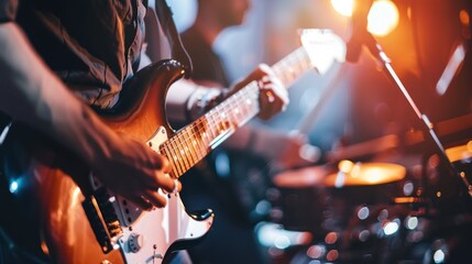 Obraz premium Close up of guitarist from music band playing on stage, band performing for live crowd in a pub, concept of live music and performing on stage