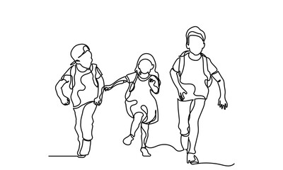Back to school, continuous line drawing of Schoolchildren boy and girl going to school holding hands each other.kindergarten Backpack, child, education, bag students black and white background.
