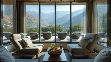 Fototapeta premium The relaxation lounge offers a peaceful space for guests to enjoy a cup of herbal tea and organic fruit while gazing at scenic mountain views through the floortoceiling windows.