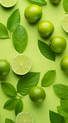 Flat lay of fresh limes and green leaves