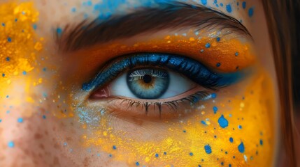 A woman's face is painted with blue and yellow colors, and her eyes are blue