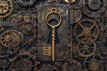 Cryptographic keys, depicted in a steampunk aesthetic, unlocking, amidst intricate clockwork mechanisms, intricate, mysterious, timeless