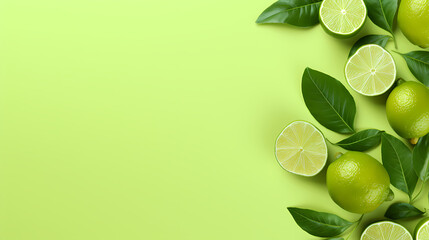 Flat lay of fresh limes and green leaves
