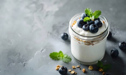  glass jar of yogurt topped with nutritious granola and fresh blueberries, Generative AI - Powered by Adobe
