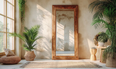 MIRROR in a wooden frame on the wall. Interior of room with stylish mirror and flowers. Idea for interior design. Hallway. Stylish minimalist interior.