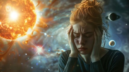 Woman holding head against galaxy background