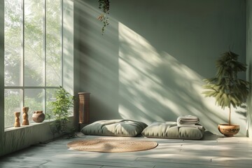 Minimalist sunlit living space with cushions, indoor plants, and natural light