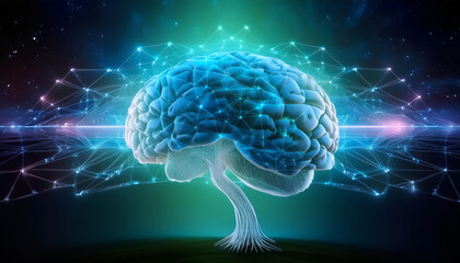 Fototapeta premium Visualization of an abstract image of only brain, which illustrates of data exchange with a microprocessor, in blue and green, on a black background