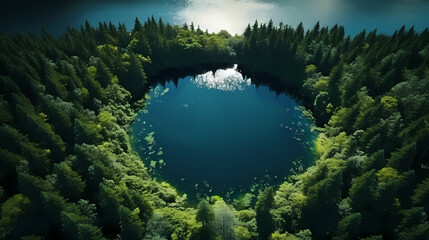 Bird's eye view of mysterious lake in deep forest