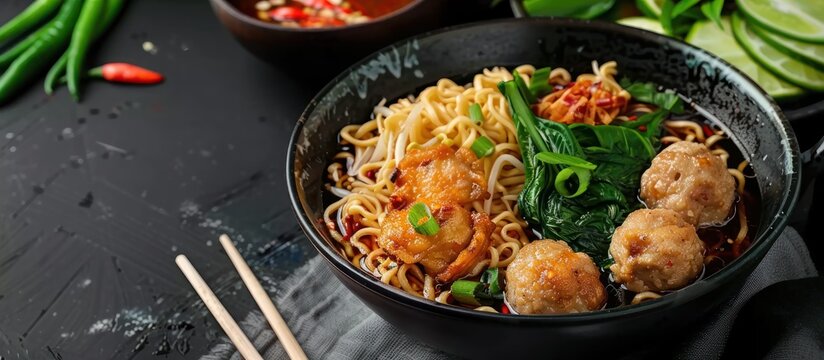 Indonesian Meatball and Noodle Soup or mie ayam baso