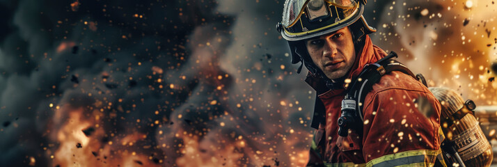 Fototapeta premium A firefighter in full gear stands amidst a raging fire, his determined gaze fixed on the flames