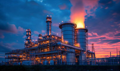 Fototapeta premium Factory. Industrial area. Gas turbine power plant with power for the plant power supply concept. Industry metallurgical plant. Smog emissions, bad ecology.