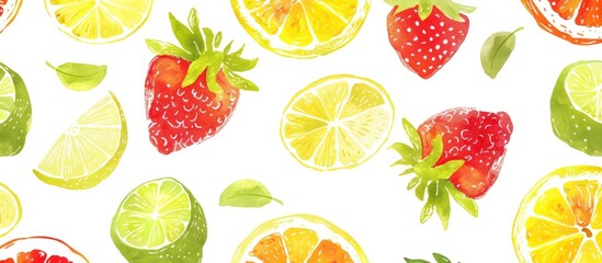 Vibrant Tropical Pattern Featuring Grapefruit, Strawberry, Lime, Lemon, and Apple on a White Background