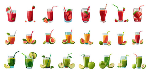 glass of strawberry, guava, green apple juice package, Summer drink Menu, cafe, bar, restaurant menu, Juice Vector Illustration Pack