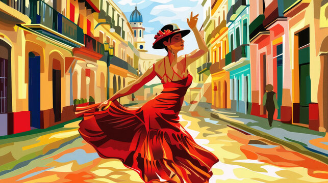 Fototapeta A woman in a red dress dances on a cobblestone street in a vibrant city, her arms outstretched