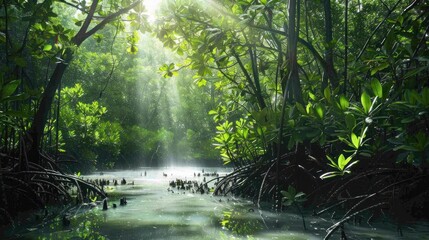 Obraz premium A lush mangrove forest, representing carbon credits' role in preserving critical coastal ecosystems