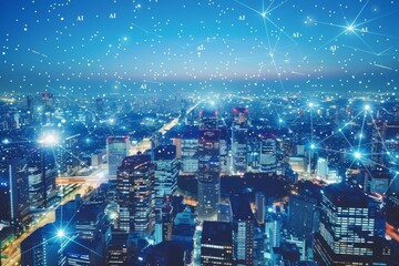 Fototapeta premium Futuristic cityscape with AI elements, representing modern technology and urban innovation