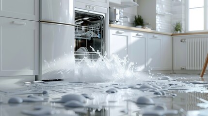 Broken dishwasher leaking in a white modern kitchen with a door open