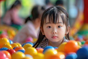 Fototapeta premium The little girl plays with colorful games
