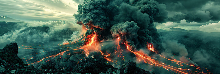 Dynamic volcanic activity with flowing lava and thick ash clouds, perfect for environmental...