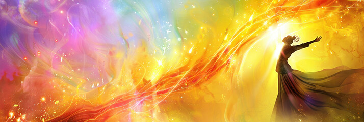 A digital painting depicting a woman with outstretched arms standing in a bright, colorful sky filled with light and energy