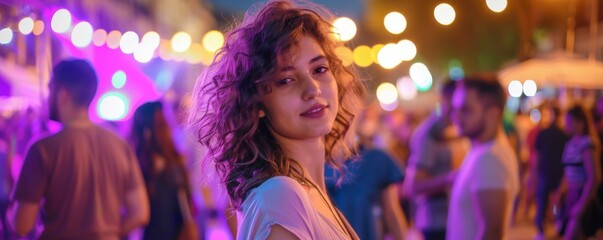 Looking at the camera, a beautiful young woman attends a summer festival.