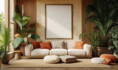 Stylish modern cozy living room interior with sofa, paintings on the wall, coffee table, rug, decorations, pillows, blanket and modern home decor. Minimalist home decor.